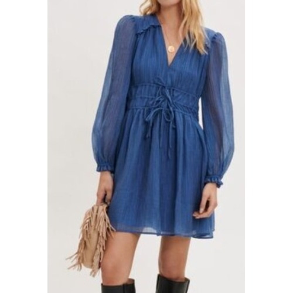 Maje Paris Plisse Blue Pleated Lace Up V-Neck Mini Dress Long Sleeve Size 34 XS